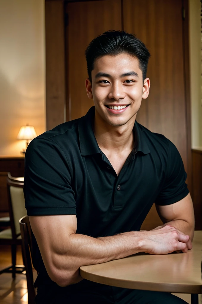 (best quality, 4K, 8k, high resolution, Masterpiece: 1.2), Special details, (realistically, As realistic as a photo, photo realistic: 1.37), Edge lighting, Extra detailed coloring, sharp focus, Physical rendering ,Extremely detailed description,professional,light color,Bokeh,Portrait,look at the viewer,
Young Asian man, 20 years old ,(Wearing a black polo shirt.), smile ,dining room