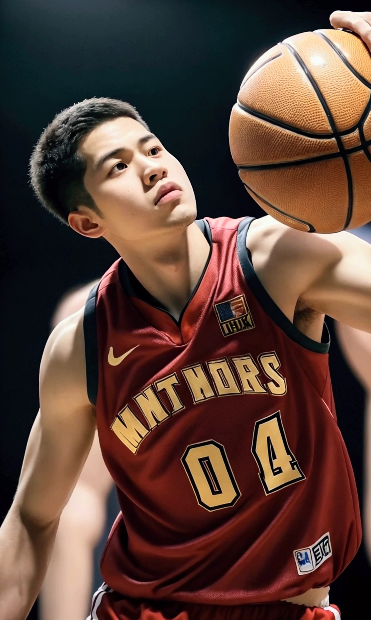 1boy, Shohei Ohtani, basketball player, dunk shoot, from below, cinematic angle, audience well up, detailed facial features, realistic, hyper-realistic, photorealistic, (best quality,4k,8k,highres,masterpiece:1.2),ultra-detailed,(realistic,photorealistic,photo-realistic:1.37),studio lighting,vivid colors,dramatic lighting,