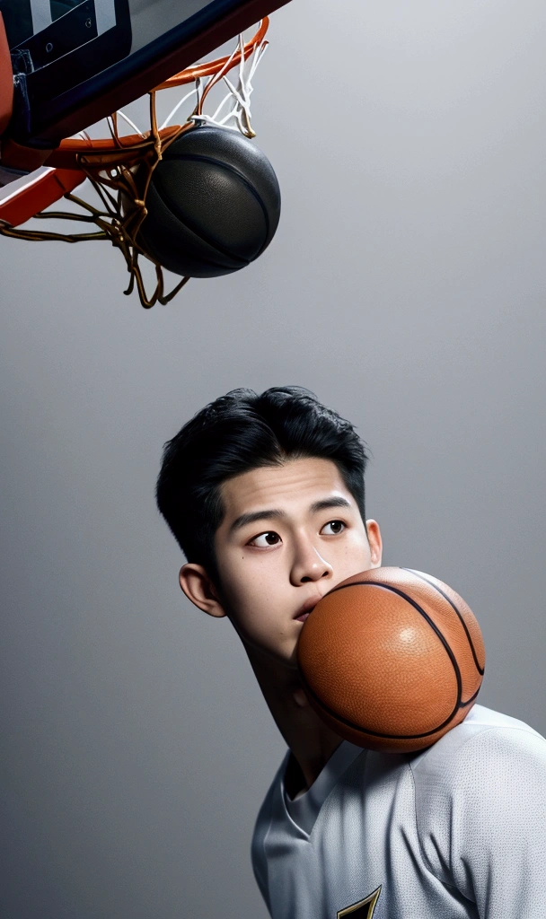 1boy, Shohei Ohtani, basketball player, dunk shoot, from below, cinematic angle, audience well up, detailed facial features, realistic, hyper-realistic, photorealistic, (best quality,4k,8k,highres,masterpiece:1.2),ultra-detailed,(realistic,photorealistic,photo-realistic:1.37),studio lighting,vivid colors,dramatic lighting,