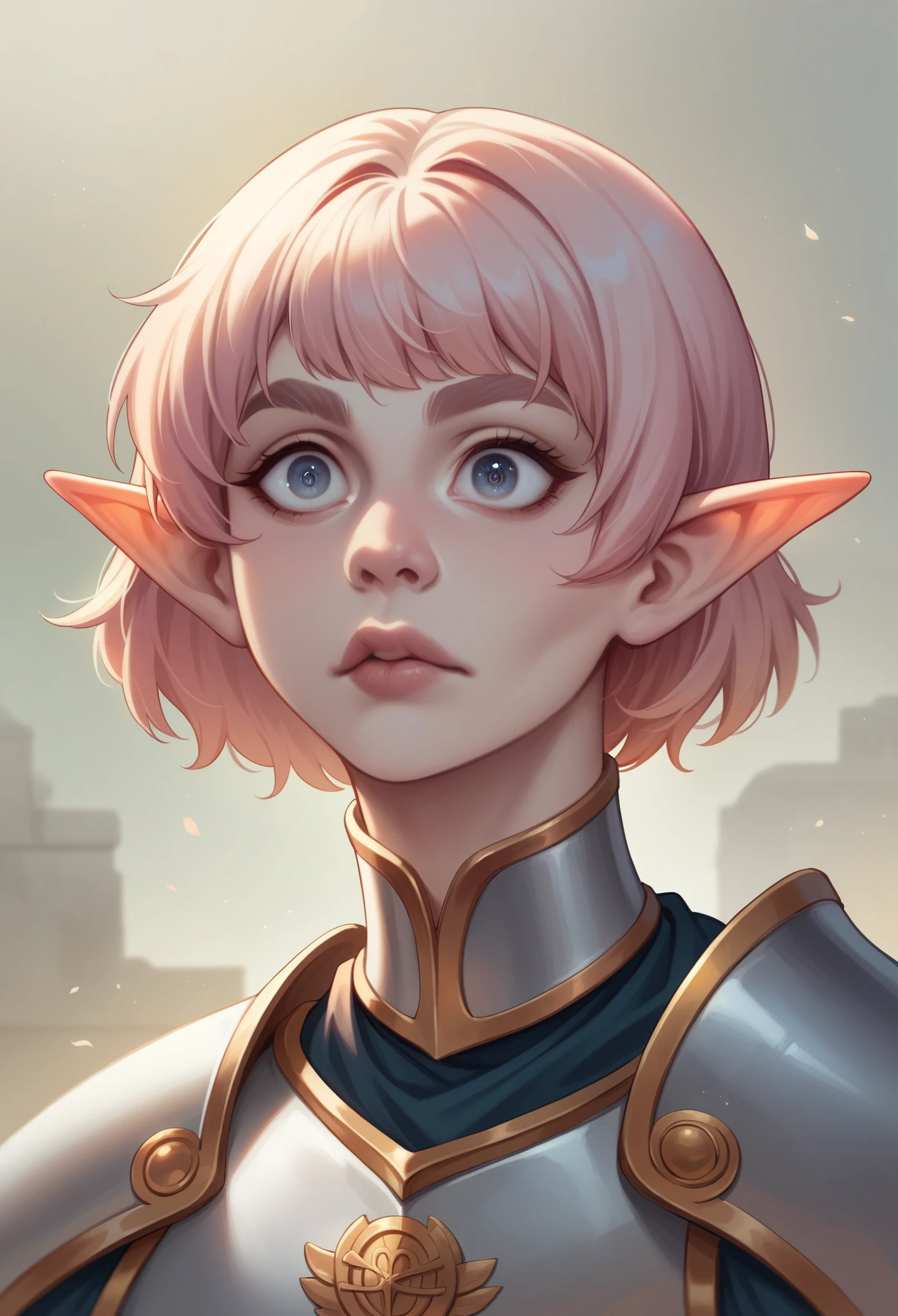 Warrior in white armor with runes, Female, Elf, 24 years old, endomorphic body, pale skin, peach hair, short hair length, simple hairstyle, face shape, round eyes, thin lips, medium eyebrows, high arch eyebrows shape, large nose size, Roman nose shape.
