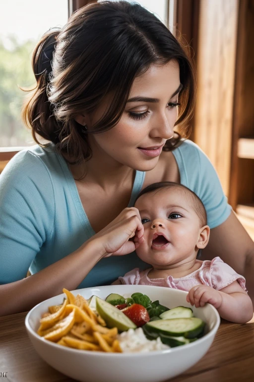 8 month old baby being fed healthy food by her mother,Baby portrait,beautiful detailed eyes, beautiful detailed lips, extreme detailed face, Mother and , warm lighting, natural sunlight, softfocus, cinematic, swirly vibrant colors, (best qualityer,4K,8k,high resolution,work of art:1.2),ultra detali,(realisitic,photorealisitic,photo-realisitic:1.37),detailed back ground, tender moment, Family, Amemos, CAUTION, nutrition