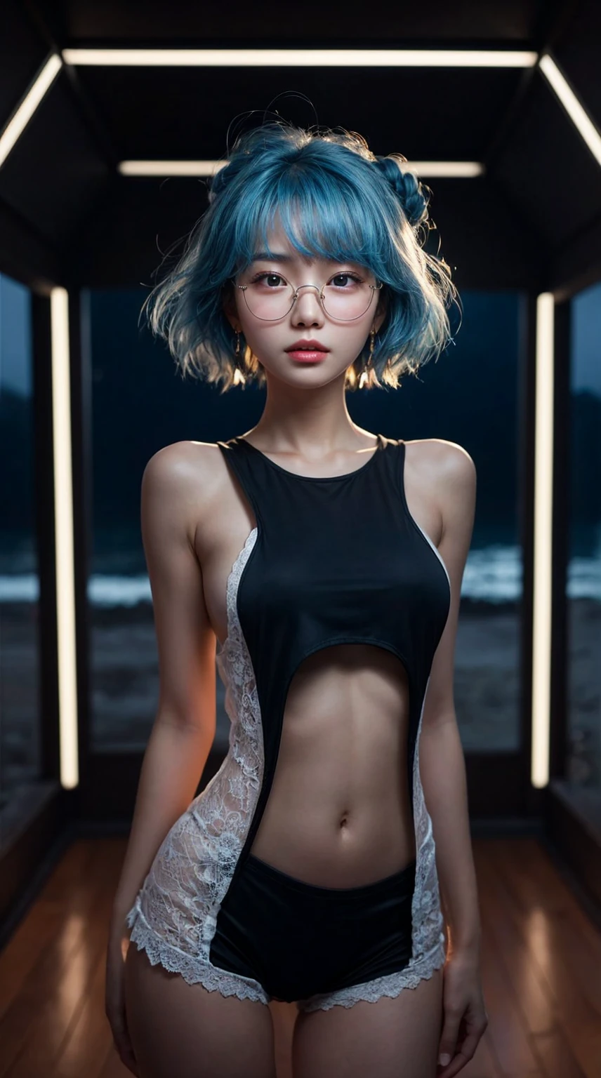 RAW photo, best quality, realistic, photo-realistic:1.2, young korean woman, high quality, (high detailed skin:1.4), puffy eyes, glasses, gorgeous hair, dark room:1.3, rim lighting:1.3, dimly lit:1.3, dark night:1.3, indoors, portrait, sky blue hair, beach background, short hair, wearing a black sleeveless top with deep side cuts, exposing the sides of her torso, large chest. She is also wearing white lace-trimmed short