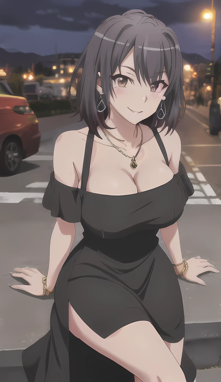 best quality, masterpiece, highres, solo, {yukinoshita_haruno_yahariorenoseishunlovecomewamachigatteiru:1.15}, sexy, black_hair, short_hair, smile, brown_eyes, bangs, large breast, mature woman, 20y, dress, dress tug, long dress, cleavage, jewelry, earrings, city, night, blush, smile, outdoors, black dress, bare shoulders, Thigh,thicc thigh, short shorts, short dress