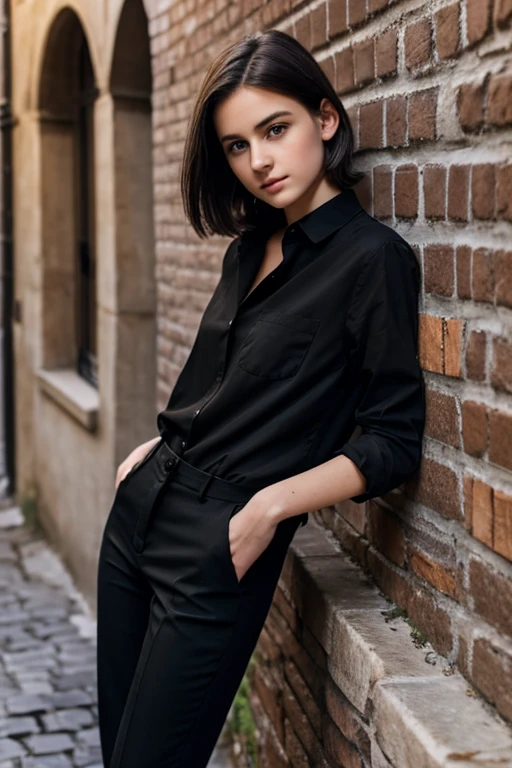 beautiful 18 year old french girl, white woman, very pale beautiful woman, dark brown eyes, very short black hair, pale skin, very skinny, plain black trousers, black button up shirt, all black clothes, medieval city, leaning against brick wall, detailed beautiful face
