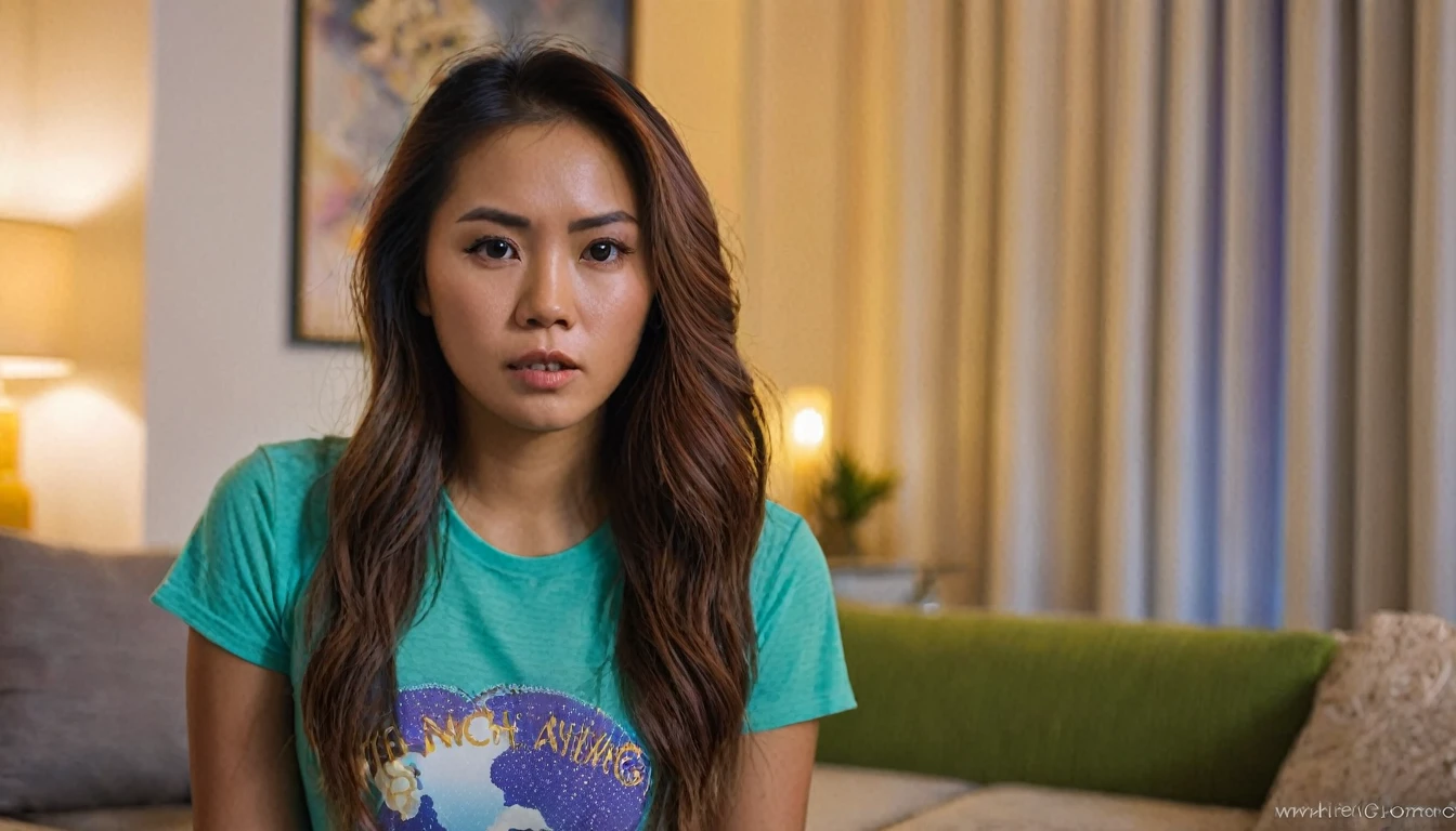 "Create a high-quality, photo-realistic image of a 28-year-old Hispanic-Filipina woman with a blend of brown-skinned Hispanic and Filipina features. She should have a slender and  body with tanned brown skin, a flat nose, and thick, waist-length hair. The woman is captured in a medium shot within a condo apartment living room in the Philippines. She wears small shorts and a t-shirt, and her expression is angry and pouting. The background should reflect twilight colors visible through the window, indicating evening time. The image should use a 2.8 aperture depth of field to focus sharply on her face and hair, blurring the background slightly to create a bokeh effect."

