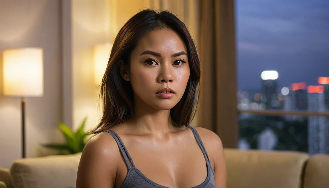 "Create a high-quality, photo-realistic image of a 28-year-old Hispanic-Filipina woman with a blend of brown-skinned Hispanic and Filipina features. She should have a slender and body with tanned brown skin, a flat nose, and thick, waist-length hair. The woman is captured in a medium shot within a condo apartment living room in the Philippines. She wears small shorts and a t-shirt, and her expression is angry and pouting. The background should reflect twilight colors visible through the window, indicating evening time. The image should use a 2.8 aperture depth of field to focus sharply on her face and hair, blurring the background slightly to create a bokeh effect."
