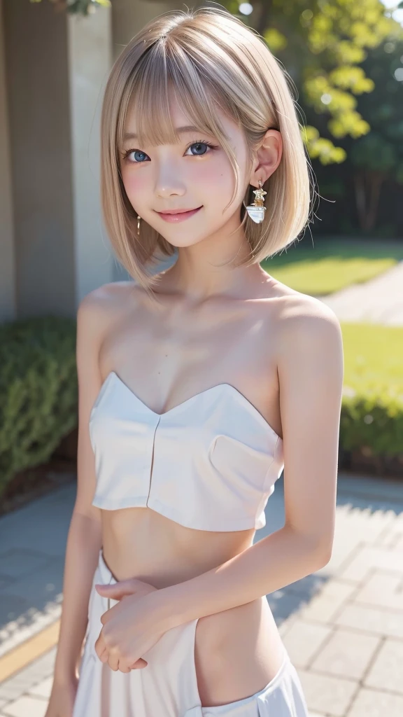 ((full nude1.8)), 1girl, 14 years old, Famous idol, 1cute girl, very young face, detailed face, cute face, master piece , best quality , woman , bowler hat , bangs , smile , outdoor, Shiny platinum blonde silky super short hair, side locks, beautiful shiny bangs, big clear sky blue eyes, very beautiful light eye highlights, earrings,