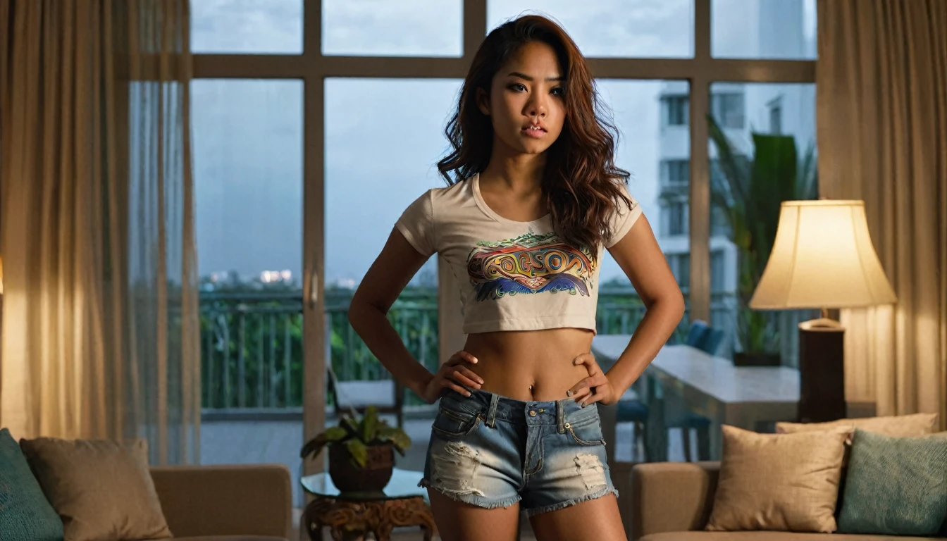 "Generate a photo-realistic image portraying a Hispanic-Filipina woman, aged 28, standing in a living room of a condo apartment in the Philippines. Her skin is dark tan, complementing her Hispanic-Latin-Filipina heritage. She has a slender,  figure and sports waist-length, thick hair and a flat nose. Her outfit consists of small shorts and a t-shirt. The setting is captured in the evening with twilight hues filtering through the living room window. The photograph should focus on capturing detailed emotions in her angry, pouting face and the rich details of her hair, using a 2.8 aperture for a depth of field effect."

