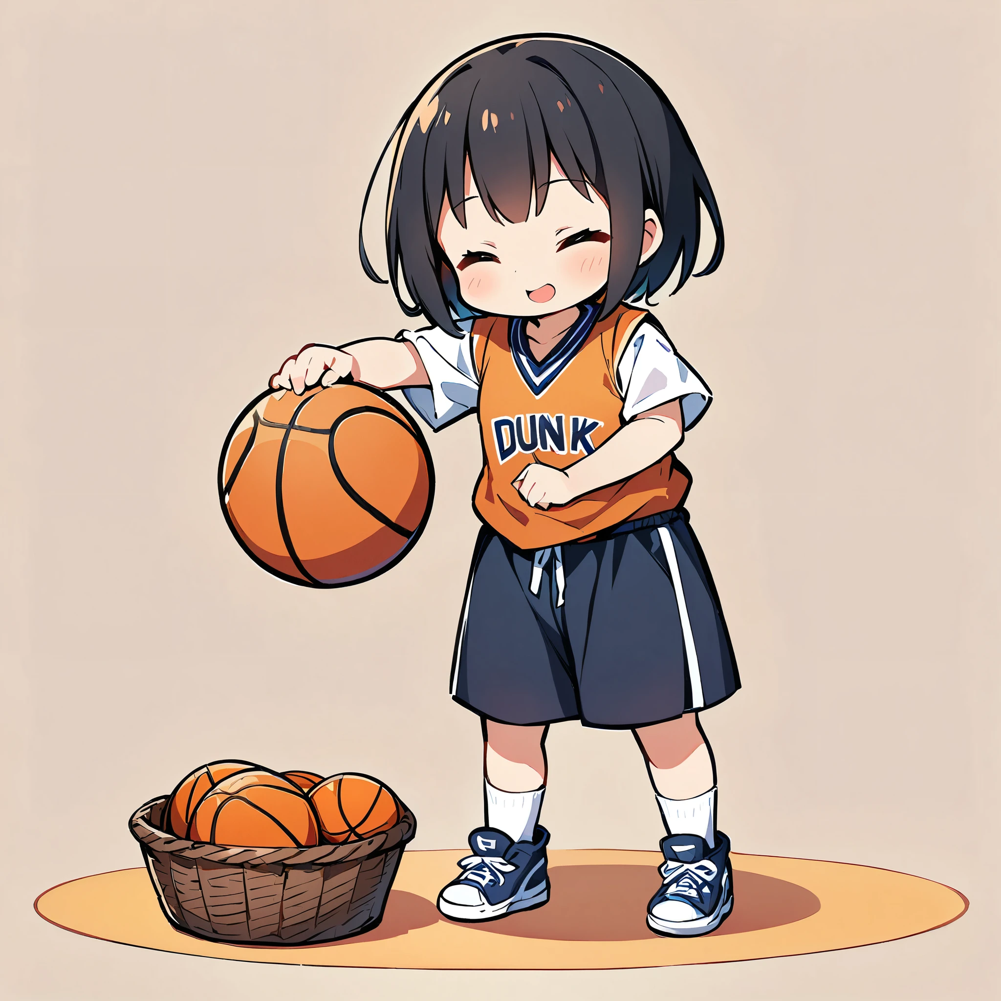 A girl putting a basketball into a basket on the ground, pretty girl, Deformation, Basketball and ball, Black Hair Girl, Cute dunk shot, Plain background,