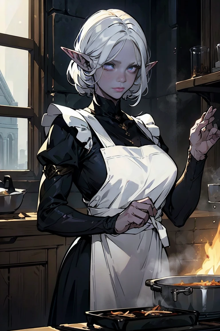 (1 girl, Short snow white hair, purple beautiful eyes with long eyelashes, beautiful serious face, dark gray-blue skin elf, long ears, Drow), ((Cooking)), (Girl in an apron, cook), (fantasy, tavern, warm lighting, soft light, Evening atmosphere, Medieval), ((Detailed face, whole body, cookская одежда))
