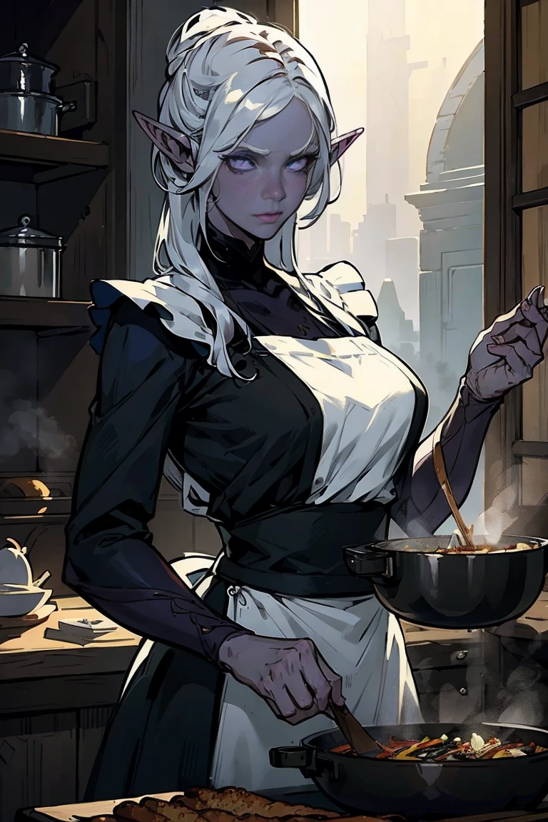 (1 girl, Short snow white hair, purple beautiful eyes with long eyelashes, beautiful serious face, dark gray-blue skin elf, long ears, Drow), ((Cooking)), (Girl in an apron, cook), (fantasy, tavern, warm lighting, soft light, Evening atmosphere, Medieval), ((Detailed face, whole body, cookская одежда))