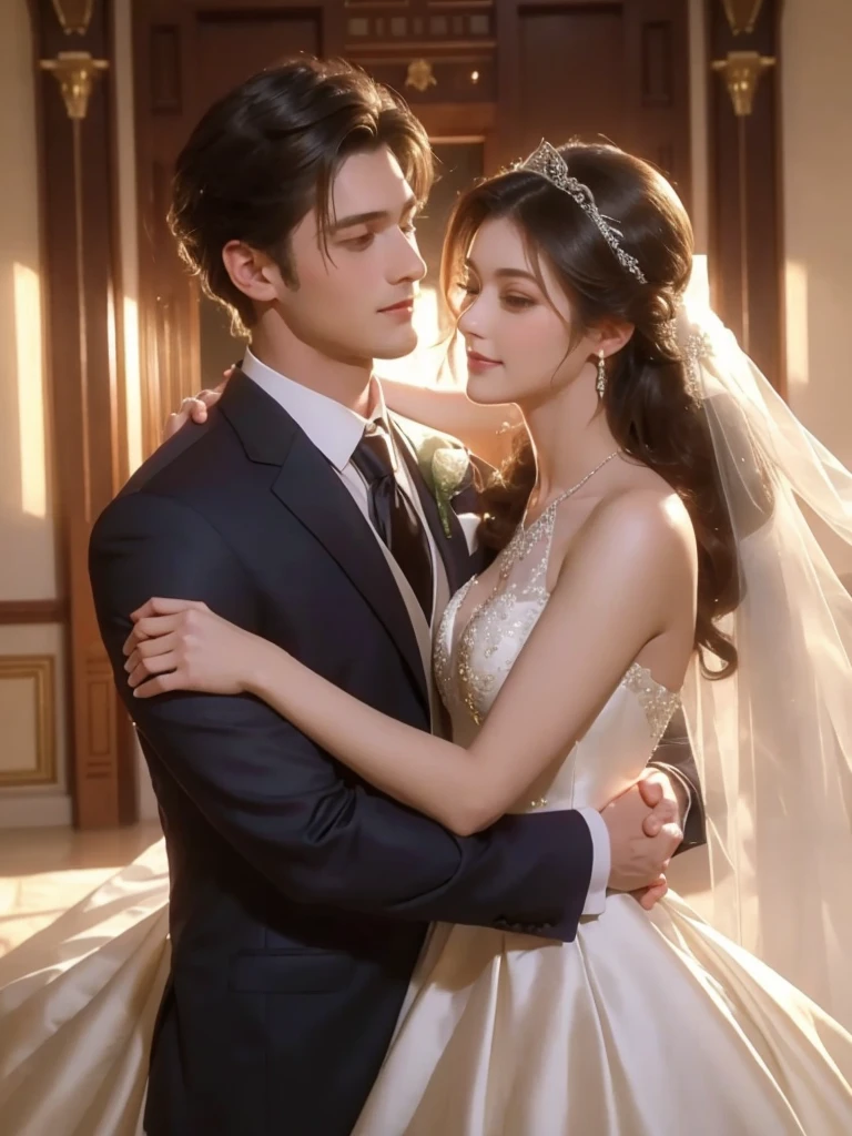 wedding scene，A man in a suit hugging a woman，25 years old，Beautiful face look at the camera，wedding，gorgeous wedding dress，gorgeous，Wealth，Handsome men and beautiful women，Rich Family