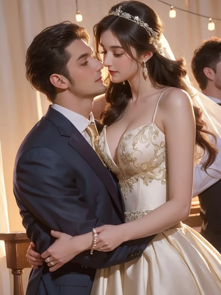 wedding scene,A man in a suit hugging a woman,25 years old,Beautiful face look at the camera,wedding,gorgeous wedding dress,gorgeous,Wealth,Handsome men and beautiful women,Rich Family
