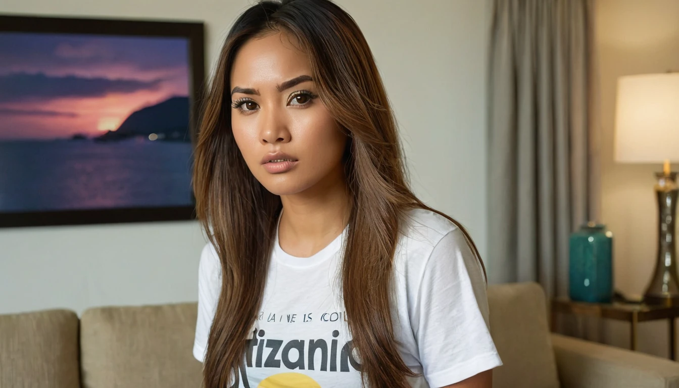 "Design a high-detail, photo-realistic image of a 28-year-old woman of Hispanic and Filipina descent. She has a slender,  frame with tanned brown skin, long thick hair down to her waist, and a flat nose. She appears in a candid pose inside a condo apartment's living room in the Philippines, dressed in small shorts and a t-shirt. Her facial expression is one of anger and pouting. The image should be a medium shot, enhanced by the soft twilight colors of the evening sky visible from the room. Employ a photographic quality with a 2.8 aperture depth of field, focusing sharply on her face and hair while softly blurring the background."

