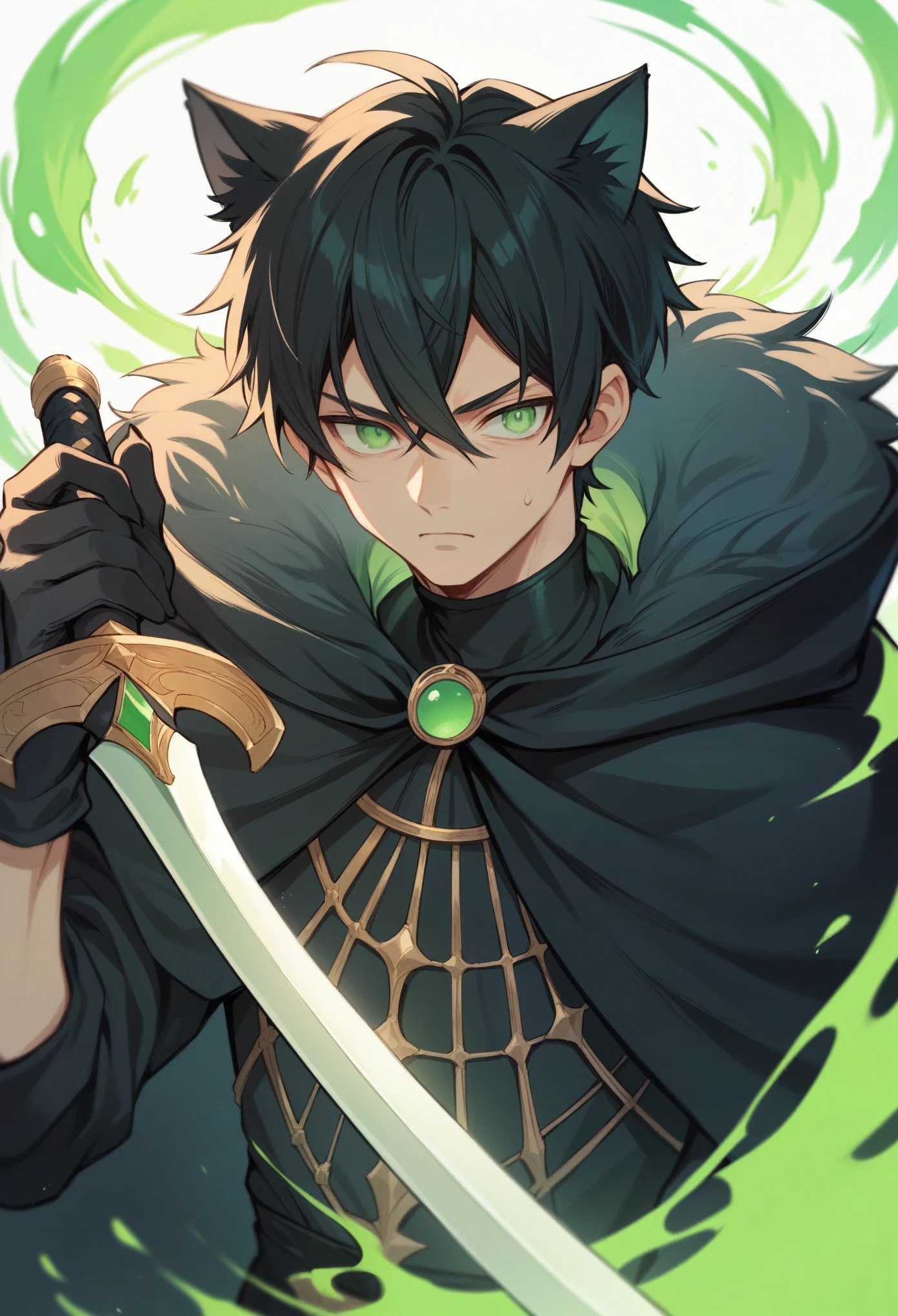 anime boy wearing a black cloak with green energy around him, black hair, green eyes, holding a sword, 4k, anime, black cat ears