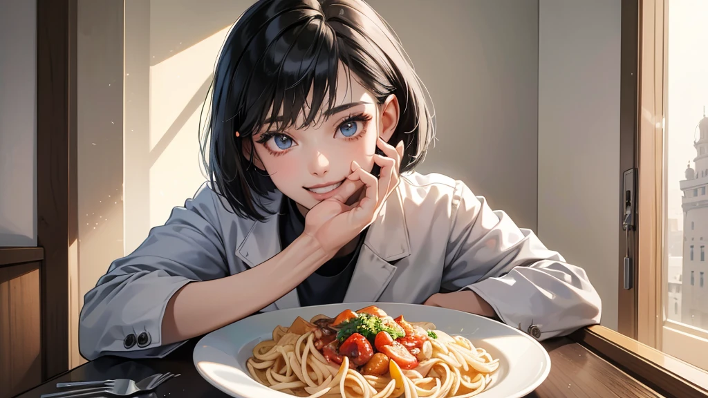 (perfect anatomy:1.2)(absurdres, highres, ultra detailed),masterpiece,best quality,high resolution,8k,Realistic face,Realistic skin texture,magnified textures, stunning clarity,detailed anime girl,(ultra detailed eyes and face),(1 girl:1.2)21years old,she is office worker,lunch time,Italian restaurant in a Japanese district,smile,grin:1.2,black hair, bob cut,natural make,grey jacket and pants,white brouse,light look at winfows,sparkling eyes.small nose,roundface,She looks happy,upper body,Italian restaurant Eating pasta happily