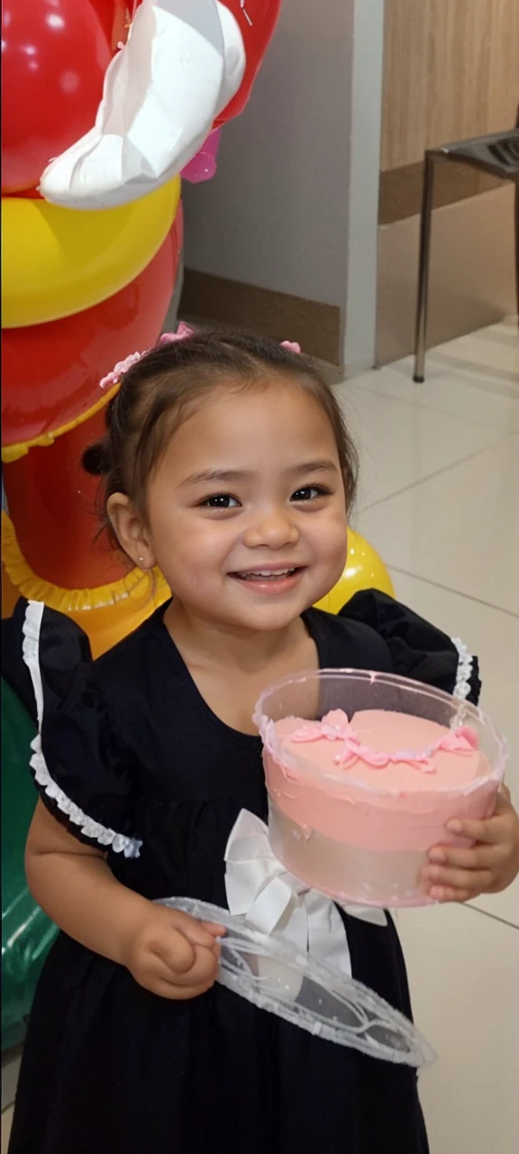 Highly detailed ultra realistic photograpy of filipina baby girl dressed by barbie outfit gown, smiling genuine. In a backdrop of birthday designs with barbie balloons and cake infront of baby girl.