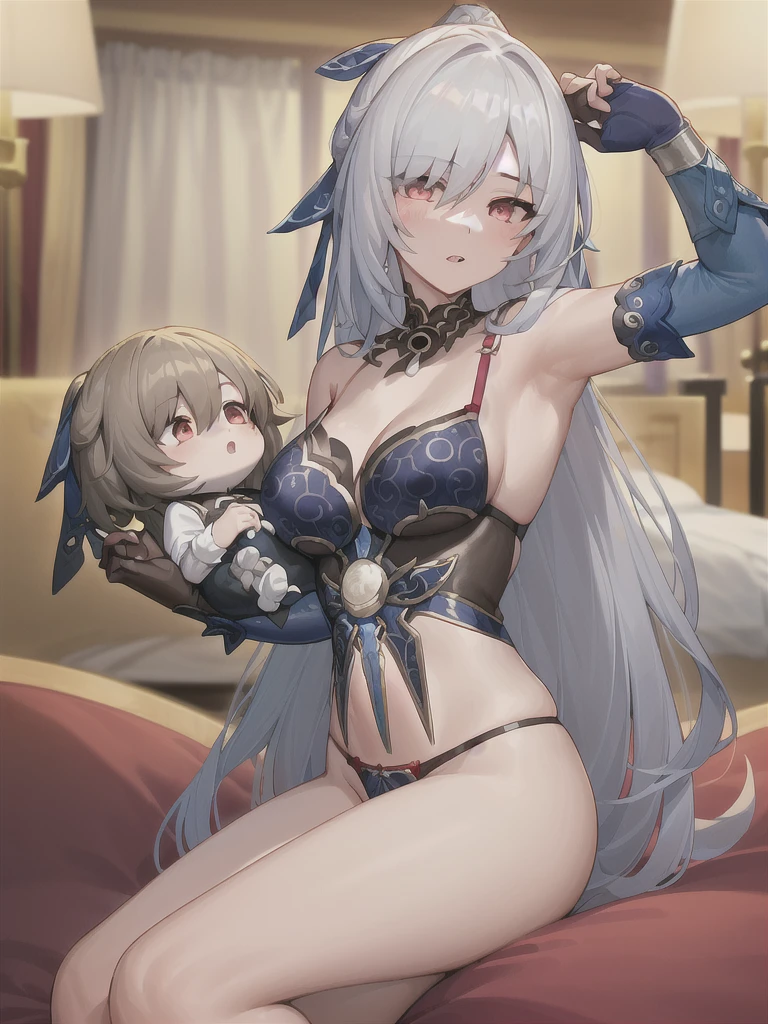 (in hotel, masterpiece, best quality:1.2), 1girl, ((holding baby, hold infant)), waving hair, (estrus, sweet temptation, lingerie), ((elbow gloves, pattern))
