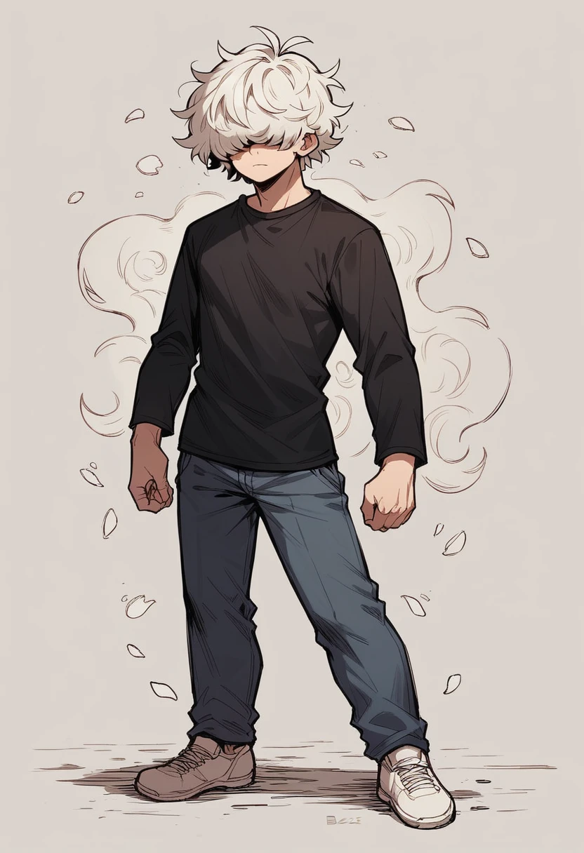 Human Male , Black shirt ,Desset ,Hair over eyes , white Messy hair ,Full body , BLUEblaz
