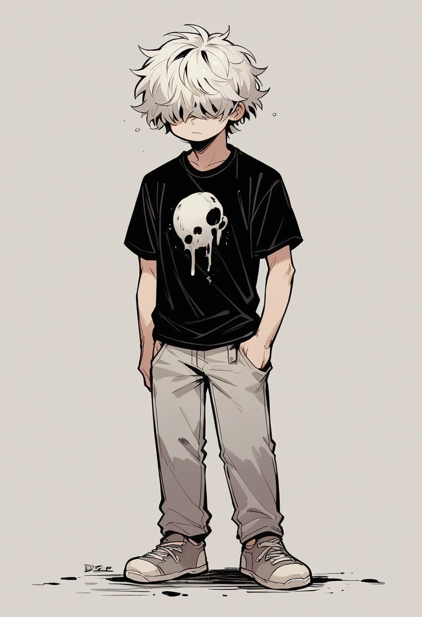 Human Male , Black shirt ,Desset ,Hair over eyes , white Messy hair ,Full body  , BLUEblaz