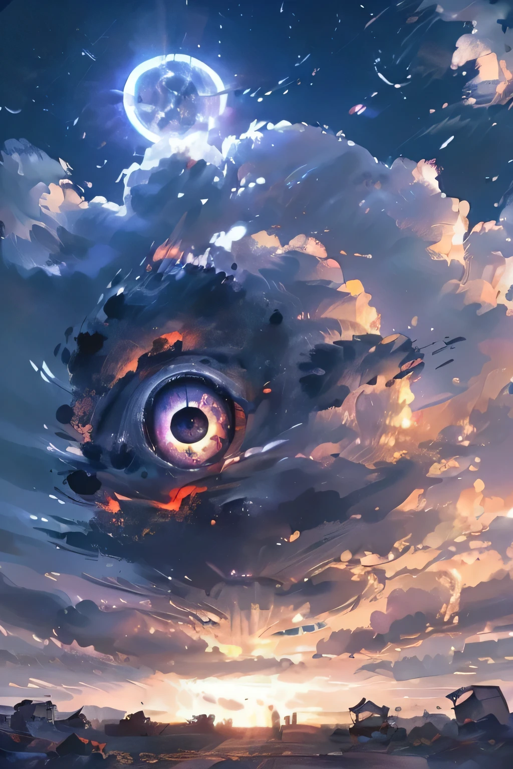 a dark sky, large eyes, giant eyeballs, the sky cracking, surveillance, horror, (best quality,4k,8k,highres,masterpiece:1.2),ultra-detailed,(realistic,photorealistic,photo-realistic:1.37),digital art, surreal, dark fantasy, cinematic lighting, dramatic lighting, moody lighting, deep shadows, gloomy, ominous, unsettling, mysterious, sinister, eerie, chiaroscuro, dramatic contrast, dark atmosphere, unsettling atmosphere, tense, suspenseful, disturbing