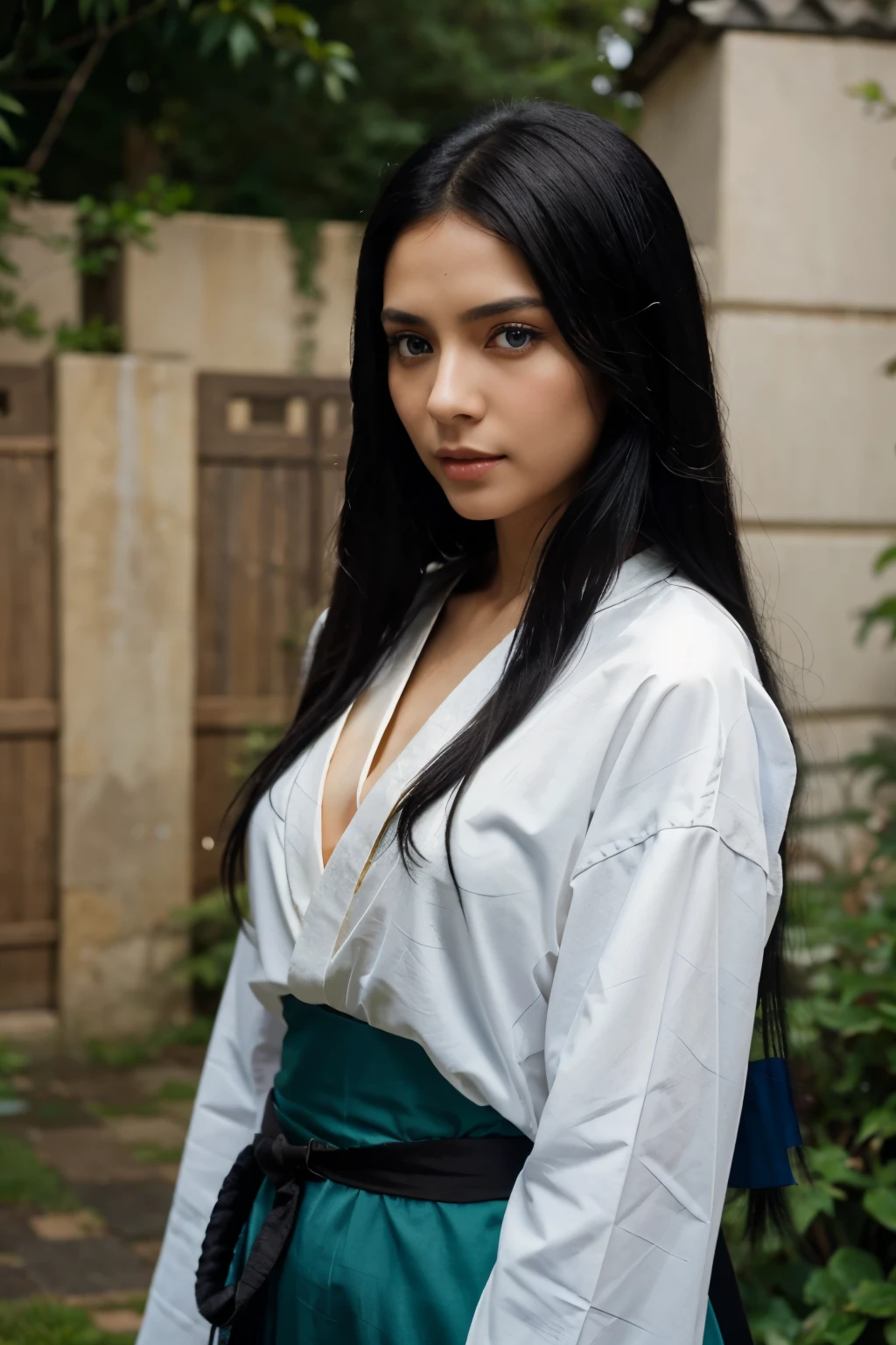 white like european woman with blue eyes, long black hair like that of an Egyptian, green kimono and katana