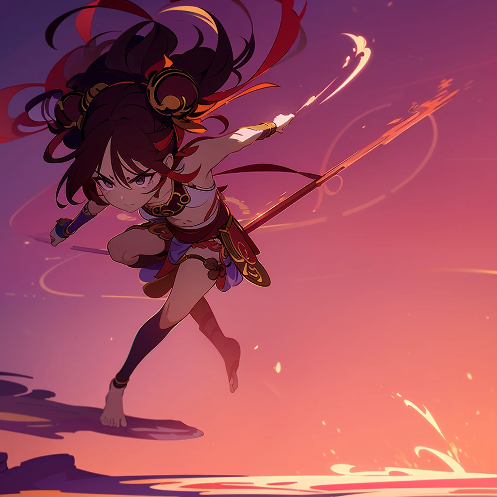 Create a full-body of a youthful female with an energetic and determined expression, capturing the essence of Ai Jingmei as Nezha. The character should have a high double hair bun secured with a golden headband, and the face should feature bold red and dark theatrical makeup with eyes full of courage and resolution. The facial features need to be highly realistic, closely matching Ai Jingmei’s own, with particular attention to the eyes, nose, and mouth. The costume is a vibrant blue tunic with pink wave patterns and a lotus symbol on the chest, complemented by a wide red belt, golden bracers on the ankles and wrists, and a short leaf skirt. The character is barefoot, reflecting Nezha’s martial arts background and unbound nature, standing on iconic ‘Wind Fire Wheels.’ Each hand holds a ‘Fire-tipped Spear’ and a ‘Universe Ring,’ detailed to reflect mythological significance. pose: angry to fight
茜夏 2024/7/13 9:05:40
Nezha's flaming spear
Nezha's Wind Fire Wheels
Dynamic battle poses
Nezha's surprise and defeat expression
character wearing traditional Chinese god attire
Nezha: red dudou with golden patterns, golden belt, red arm guards,bare foot
Lush, fantastical mountainous landscape
Vibrant colors: deep reds, golds, greens, and blues
Motion lines and action effects to illustrate the epic confrontation
{{masterpiece}}, best quality, illustration, 1 girl, {double bun},small breast, beautiful detailed eyes,beautifuI detailed sky, {lotus armor},golden rings on the wrist,golden rings on the ankle,flaming spear in hand,leaf skirt, cinematic lighting, dramatic angle,slant across the golden hula hoop,sailor dress, wet clothes, 比基尼, sideboob, red shirt, midriff, frills,sassy loli, barefeet on 2 fire chakram,nezha,in the cloud,bindi,red floating ribbon
Negative prompt: lowres, bad anatomy, bad hands, Text, error, missing fingers, extra digit, fewer di