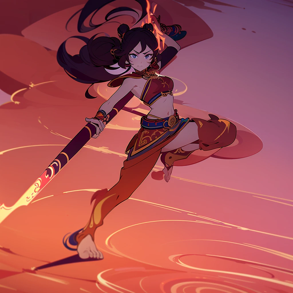 Create a full-body of a youthful female with an energetic and determined expression, capturing the essence of Ai Jingmei as Nezha. The character should have a high double hair bun secured with a golden headband, and the face should feature bold red and dark theatrical makeup with eyes full of courage and resolution. The facial features need to be highly realistic, closely matching Ai Jingmei’s own, with particular attention to the eyes, nose, and mouth. The costume is a vibrant blue tunic with pink wave patterns and a lotus symbol on the chest, complemented by a wide red belt, golden bracers on the ankles and wrists, and a short leaf skirt. The character is barefoot, reflecting Nezha’s martial arts background and unbound nature, standing on iconic ‘Wind Fire Wheels.’ Each hand holds a ‘Fire-tipped Spear’ and a ‘Universe Ring,’ detailed to reflect mythological significance. pose: angry to fight
茜夏 2024/7/13 9:05:40
Nezha's flaming spear
Nezha's Wind Fire Wheels
Dynamic battle poses
Nezha's surprise and defeat expression
character wearing traditional Chinese god attire
Nezha: red dudou with golden patterns, golden belt, red arm guards,bare foot
Lush, fantastical mountainous landscape
Vibrant colors: deep reds, golds, greens, and blues
Motion lines and action effects to illustrate the epic confrontation
{{masterpiece}}, best quality, illustration, 1 girl, {double bun},small breast, beautiful detailed eyes,beautifuI detailed sky, {lotus armor},golden rings on the wrist,golden rings on the ankle,flaming spear in hand,leaf skirt, cinematic lighting, dramatic angle,slant across the golden hula hoop,sailor dress, wet clothes, 比基尼, sideboob, red shirt, midriff, frills,sassy loli, barefeet on 2 fire chakram,nezha,in the cloud,bindi,red floating ribbon
Negative prompt: lowres, bad anatomy, bad hands, Text, error, missing fingers, extra digit, fewer di