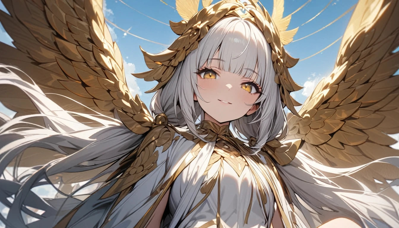 masterpiece, best quality, ultra-detailed, 1girl, flat, goddess, They have wings, white clothes, white hair, very long hair, low twin tails, gold ribbon, blunt bangs, tender smile, yellow eyes, sitting, looking down, looking at viewer, from below, close up of upper body, clear sky