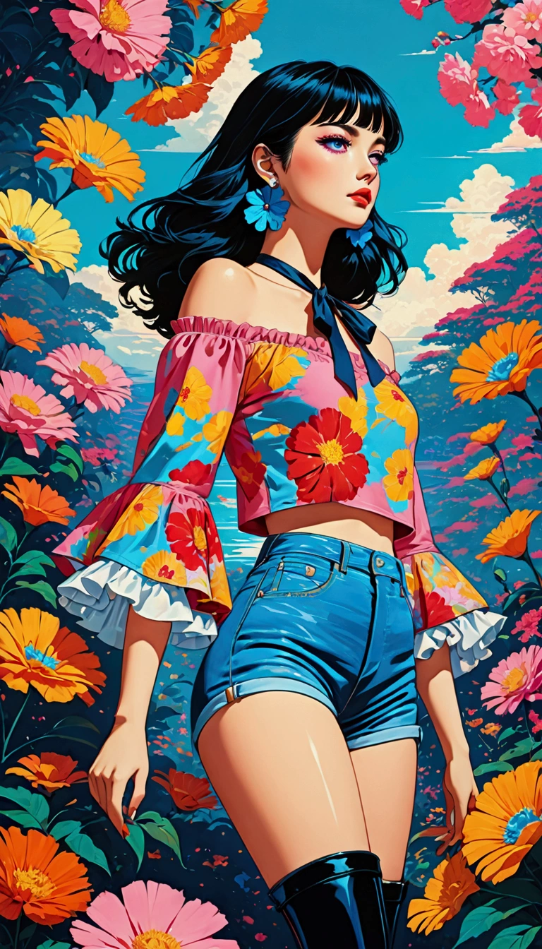 Featuring a dynamic and confident woman,She wears bold makeup,Wear colorful T-shirts, Bare shoulders, Ruffled sleeves, neck ribbon,Jewelry Earrings, Long hair, Looking at the audience, Bangs, Low rise denim shorts, Over the knee boots,Surrounded by vintage flower motifs, Vibrant brushstrokes, Self-deconstruction, Surreal Vaporwave Aesthetics, Threshold space, Negative Space,Digital artwork in pop art style, Edge lighting、Octane Rendering、(Clear lines, HD,best quality, masterpiece, 4K ),