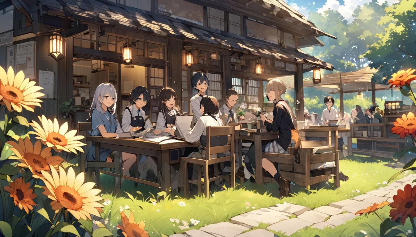 wood、Grass、Surrounded by flowers 大peopleや子供が勉強や仕事をしている。Natural daylight、people々are smiling happily and talking There is a long desk An open-air cafe in the middle of nature The sunlight pours in The is studying Adults are working 大peopleと子供が話をしている 大peopleと子供は笑顔 子供は16歳の男の子2peopleと女の子2people 20歳の男性と女性3peopleずついる 40歳の女性が2peopleいる 30歳の男性が3peopleいる Many gerbera flowers in bloom It's spring There is a large transparent roof. The sunlight is pointing The sky is blue and clear 15peopleのpeople々Used by people々They were smiling and talking.、Read books、I work on a computer No buildings、Only the transparent roof and pillars exist