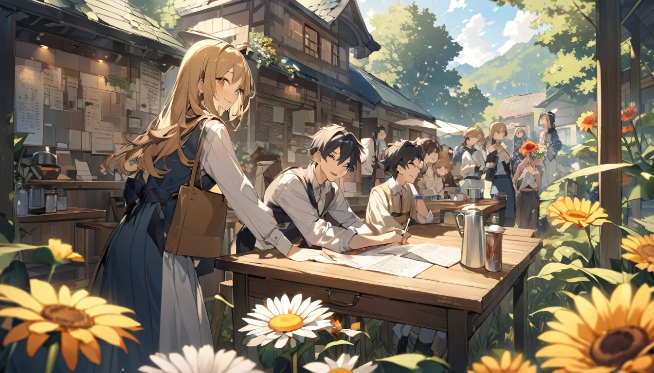 wood、Grass、Surrounded by flowers　大peopleや子供が勉強や仕事をしている。Natural daylight、people々are smiling happily and talking　There is a long desk　An open-air cafe in the middle of nature　The sunlight pours in　The  is studying　Adults are working　大peopleと子供が話をしている　大peopleと子供は笑顔　子供は16歳の男の子2peopleと女の子2people　20歳の男性と女性3peopleずついる　40歳の女性が2peopleいる 30歳の男性が3peopleいる　Many gerbera flowers in bloom　It&#39;s spring　There is a large transparent roof.　The sunlight is pointing　The sky is blue and clear　15peopleのpeople々Used by　people々They were smiling and talking.、Read books、I work on a computer　No buildings、Only the transparent roof and pillars exist
