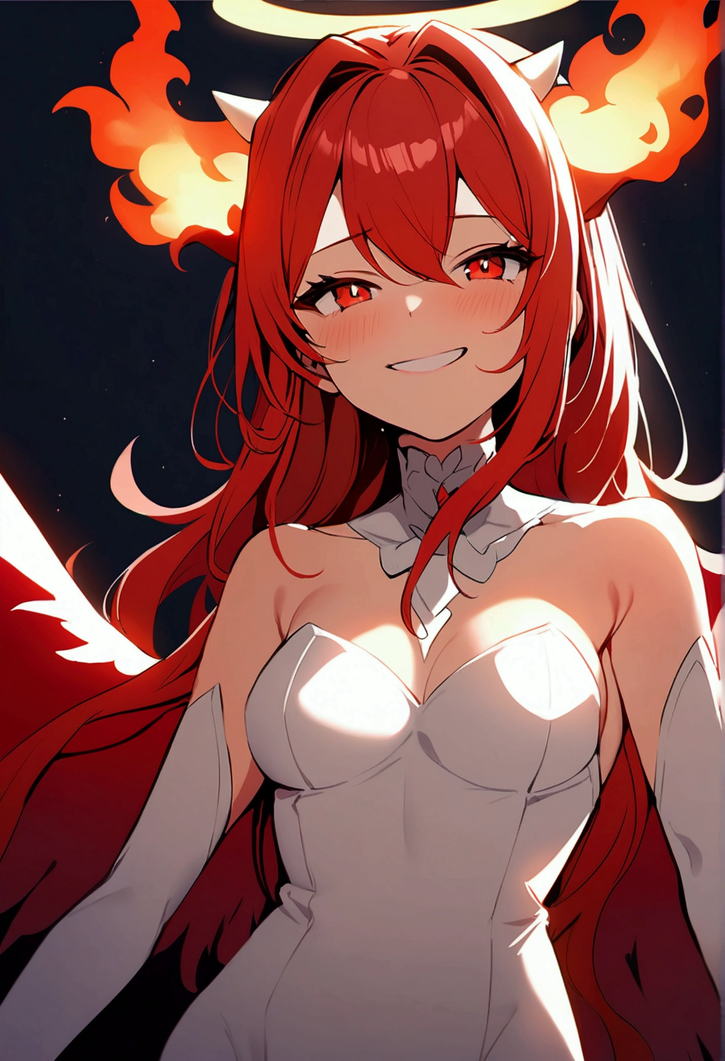 Anime woman as an angel with fiery red wings and halo. Small devil horns on her head. Grins and makes shhhhhh.