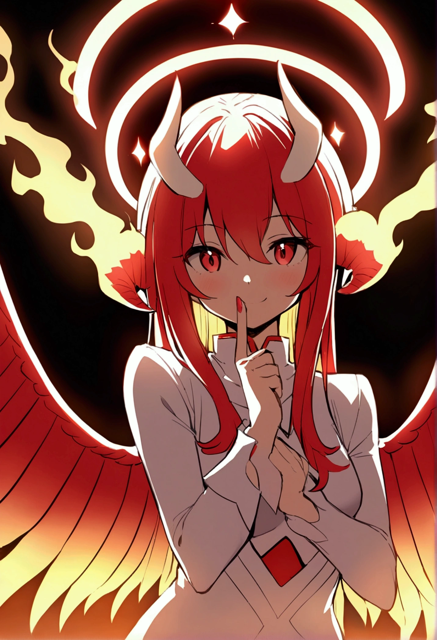 Anime woman as an angel with fiery red wings and halo. Small devil horns on her head. Grins and makes shhhhhh.