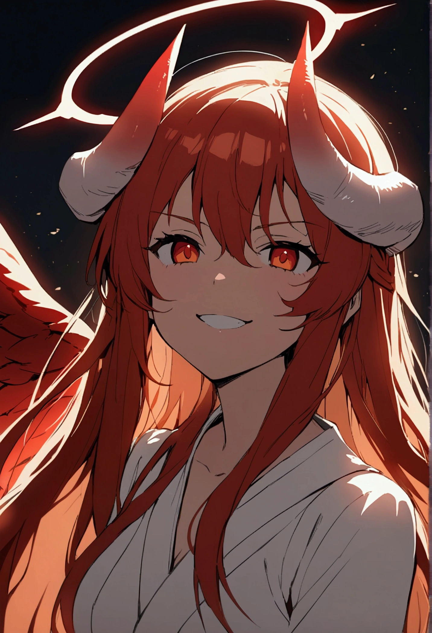 Anime woman as an angel with fiery red wings and halo. Small devil horns on her head. Grins and makes shhhhhh.