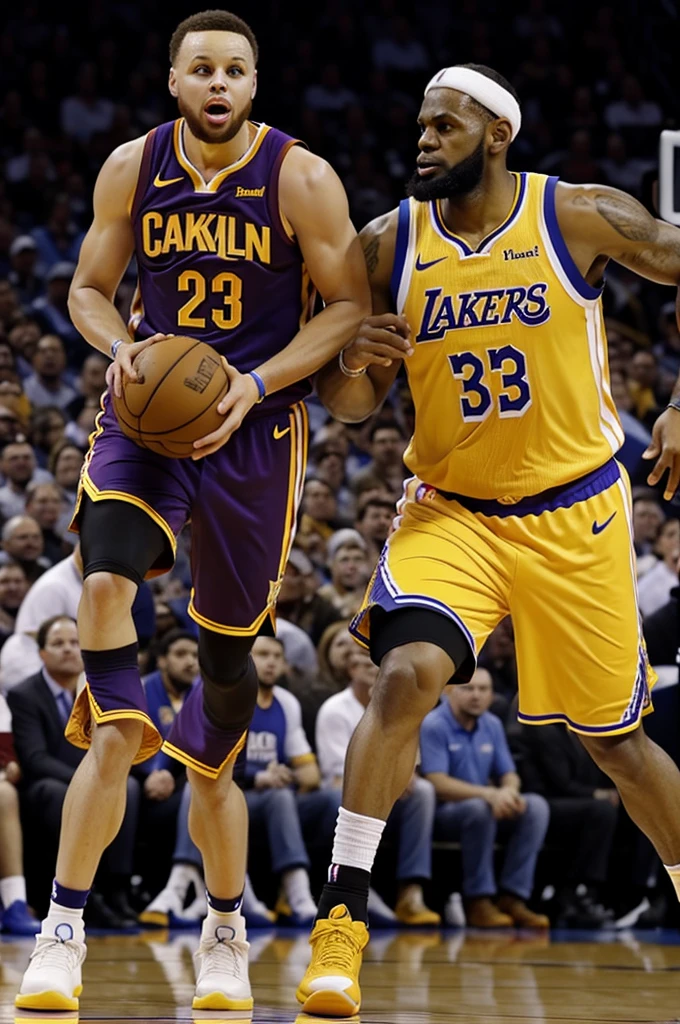 Fat Stephen Curry and fat James LeBron playing NBA basketball 