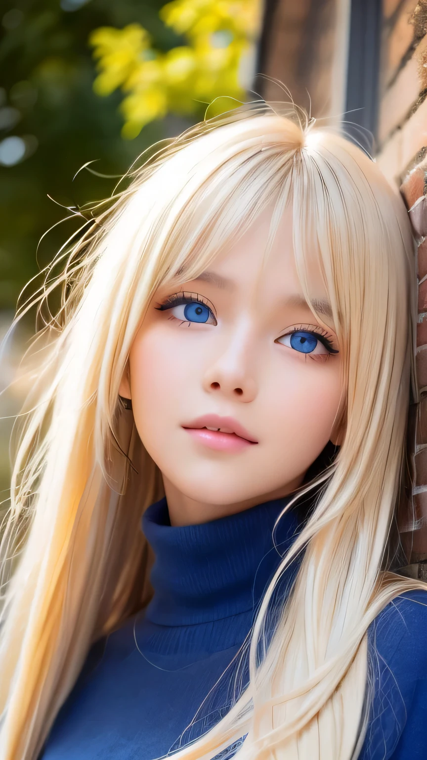 Very beautiful face、A beautiful blonde girl with a stunning beauty、Super Long Hair、windy silky blonde super long hair、Strange blonde colour、Swinging bangs that block the view、Cute sexy 16 year old blonde girl with light blue eyes、Hair above the eyes、片Hair above the eyes、Hair between the eyes、Big bright light blue eyes that shine so beautifully、eyeliner、Bright expression、Cheek gloss highlighter、Round face