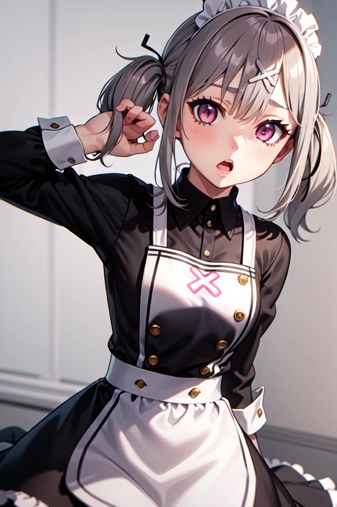 1girl ,anime style, masterpiece ,superfine resolution, intricate ,  straight-on , complex quality sukoya kana , gray hair, pink eyes, twintails,long hair, x hair ornament ,maid outfit , open mouth , :o , dizzy , tired