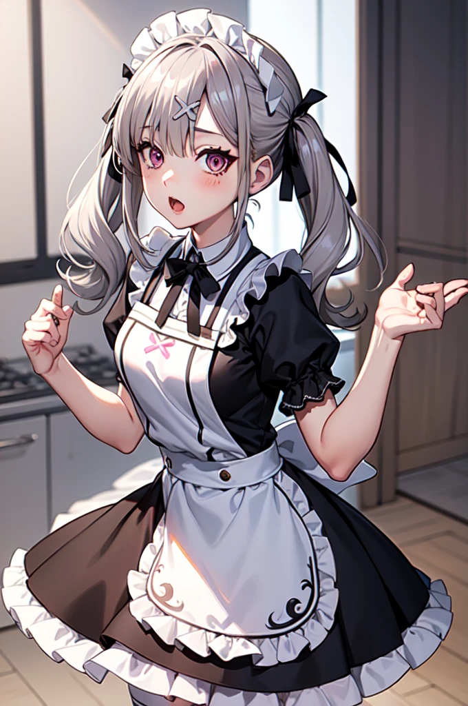 1girl ,anime style, masterpiece ,superfine resolution, intricate ,  straight-on , complex quality sukoya kana , gray hair, pink eyes, twintails,long hair, x hair ornament ,maid outfit , open mouth , :o , dizzy , tired