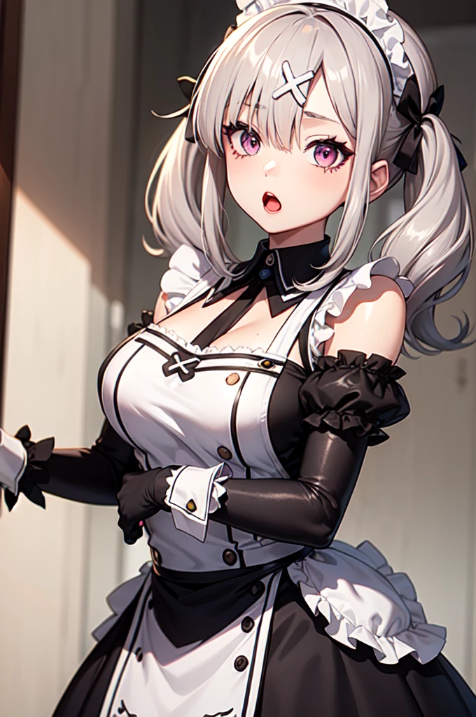 1girl ,anime style, masterpiece ,superfine resolution, intricate ,  straight-on , complex quality sukoya kana , gray hair, pink eyes, twintails,long hair, x hair ornament ,maid outfit , open mouth , :o , dizzy , tired