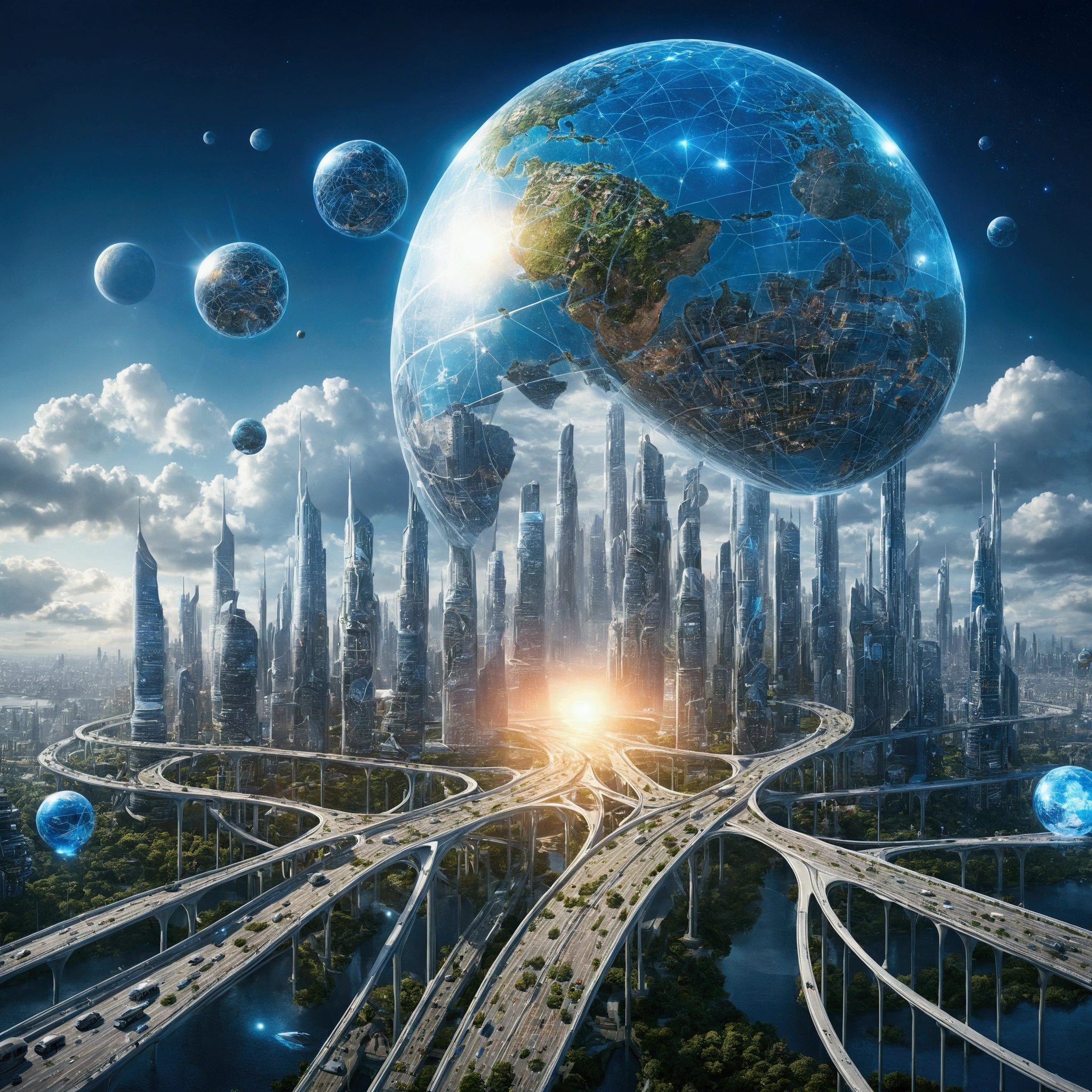 Image of a city with a bridge and a large globe, Future city background, City of the Future, Future Cityscape照片, Future Cityscape, Future Utopian City, Cybernetic city background, Future city background, beautiful City of the Future, Otherworldly city of the future, A vision of the city of the future, The city of the future of mankind