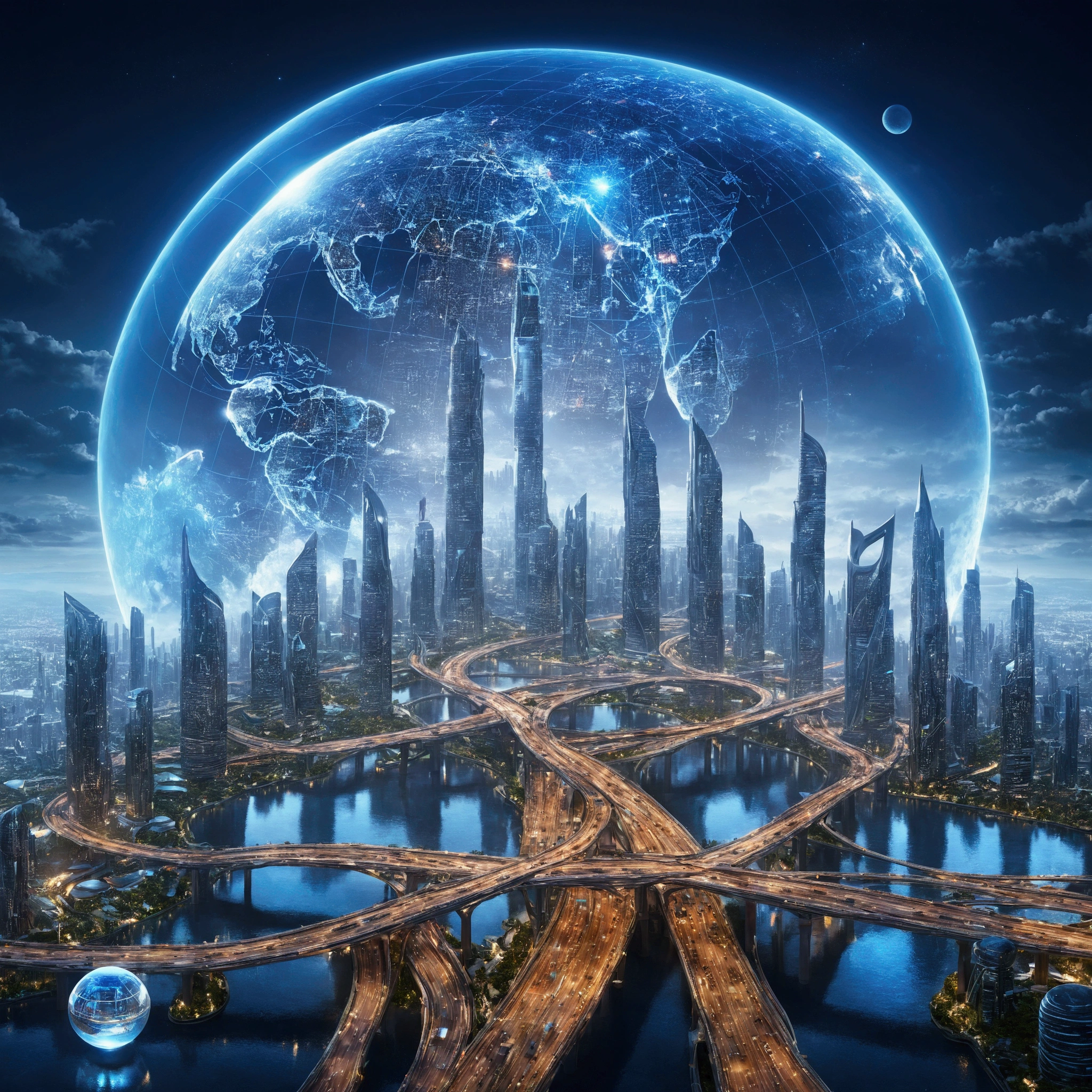 Image of a city with a bridge and a large globe, Future city background, City of the Future, Future Cityscape照片, Future Cityscape, Future Utopian City, Cybernetic city background, Future city background, beautiful City of the Future, Otherworldly city of the future, A vision of the city of the future, The city of the future of mankind