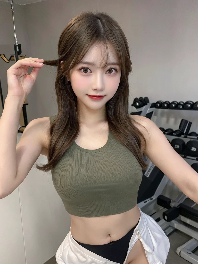 ((The highest image quality, 8k, tmasterpiece:1.3)), 1girll, Beautiful woman with slender abs:1.3, (casual hairstyle), tight vest,breasts are relatively large,Do not wear panties, Ultra-fine face, A detailed eye, double eyelid,ssmile,legs separated,gym room