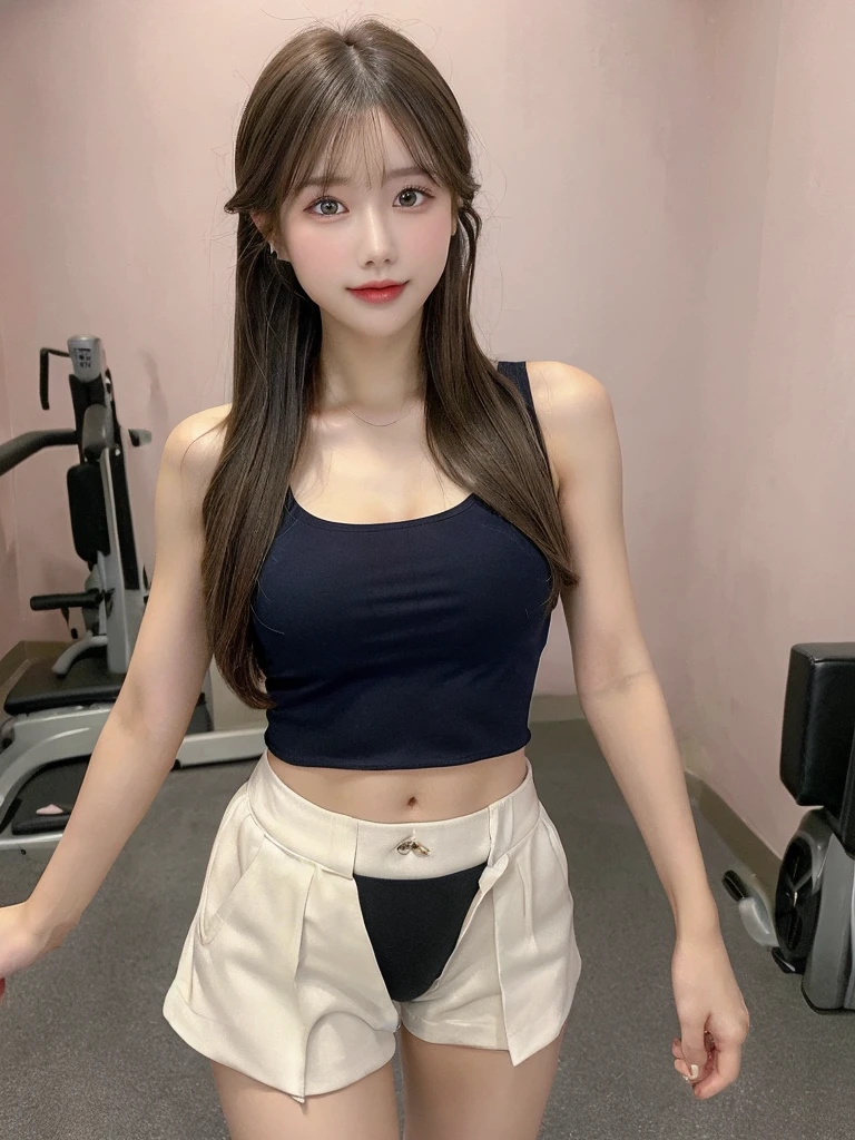((The highest image quality, 8k, tmasterpiece:1.3)), 1girll, Beautiful woman with slender abs:1.3, (casual hairstyle), tight vest,breasts are relatively large,Do not wear panties, Ultra-fine face, A detailed eye, double eyelid,ssmile,legs separated,gym room