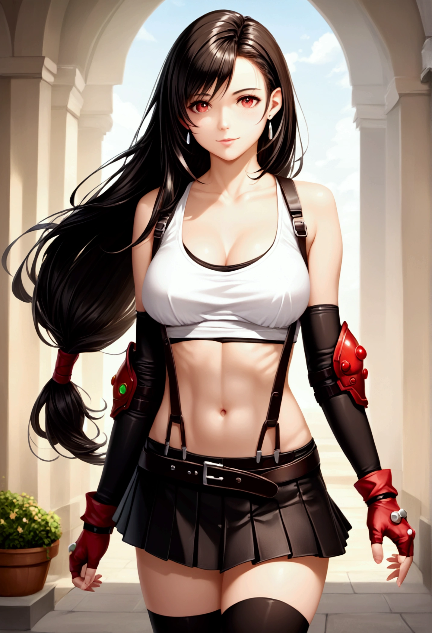 score_9, score_8_up, score_7_up,,BREAK , ,from front,front view,top angle,pov,,,standing,contrapost,(upperbody) ,,straight-on,Solo,1girl, tifa lockhart, final fantasy,ultra beautiful ,black hair, low-tied long hair, red eyes, bangs, (white tank top,gap),High exposure,Belly exposure,the ribs,(belt, pleated skirt, thighhighs, elbow fingerless gloves, elbow pads, midriff, navel,suspenders.skirt),beautiful waist ,(large_breast:1.3),light smile,,hand on own hip,daytime,outdoor,(ultra detailed),(best quality),(aesthetic,very aesthetic),UHD,photorealistic,game cg.extremely detailed CG unity 8k wallpaper,photorealistic,depth of field,,,