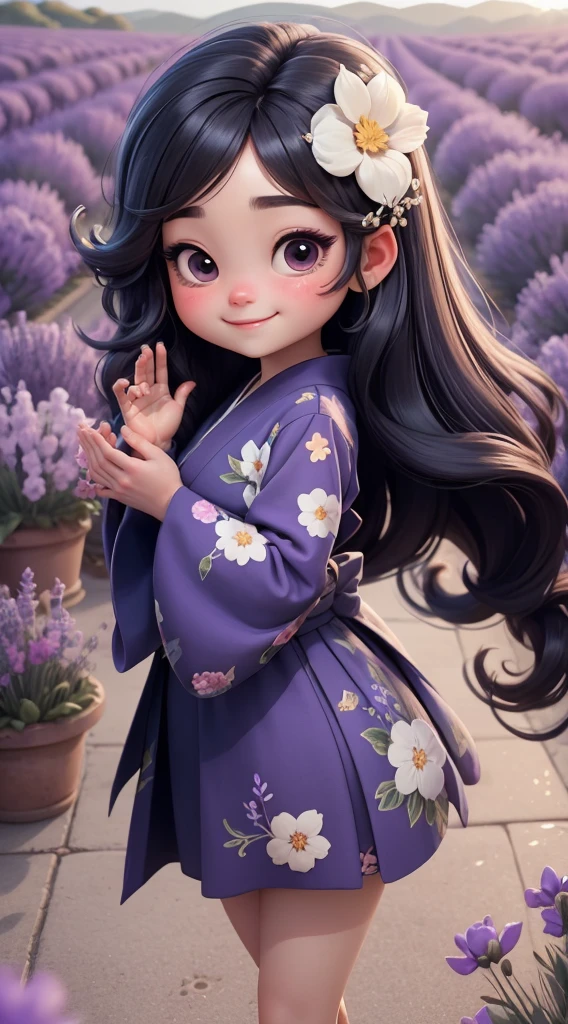 Create a baby chibi version of the Alice character in an 8K resolution. As a coloring book, the color should be black and white, the border should be simple, with the same line thickness, clear, and bold. A beautiful Asian girl with long, flowing black hair adorned with a delicate [lavender hair ornament] is strolling through the picturesque [lavender fields] of Furano, Hokkaido. She is wearing a stunning [kimono with lavender pattern], the vibrant purple colors contrasting with the vast expanse of blooming lavender. The girl's expression exudes a sense of tranquility and joy as she immerses herself in the beauty of the fragrant flowers, It's sunny, Detailed eyes, clear outlines, kawaii pose, A smile, Raise your right hand, Eye Up, Laugh, radiant light, Taken from the side. She should look adorable and cute. Give him a smiling expression and a sweet smile on his face, capturing the essence of the character in a delicate and charming way.