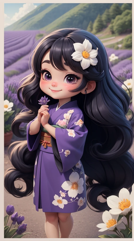 Create a baby chibi version of the Alice character in an 8K resolution. As a coloring book, the color should be black and white, the border should be simple, with the same line thickness, clear, and bold. A beautiful Asian girl with long, flowing black hair adorned with a delicate [lavender hair ornament] is strolling through the picturesque [lavender fields] of Furano, Hokkaido. She is wearing a stunning [kimono with lavender pattern], the vibrant purple colors contrasting with the vast expanse of blooming lavender. The girl's expression exudes a sense of tranquility and joy as she immerses herself in the beauty of the fragrant flowers, It's sunny, Detailed eyes, clear outlines, kawaii pose, A smile, Raise your right hand, Eye Up, Laugh, radiant light, Taken from the side. She should look adorable and cute. Give him a smiling expression and a sweet smile on his face, capturing the essence of the character in a delicate and charming way.