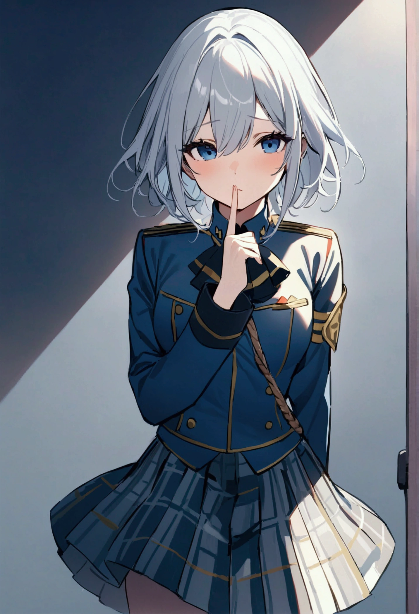 high resolution、High Precision、Never-before-seen artwork、In calm colorilitary-like uniform、Navy blue checked skirt、Silver hair with a thin ribbon、Blue Eyes、Tsundere、Put your finger to your mouth