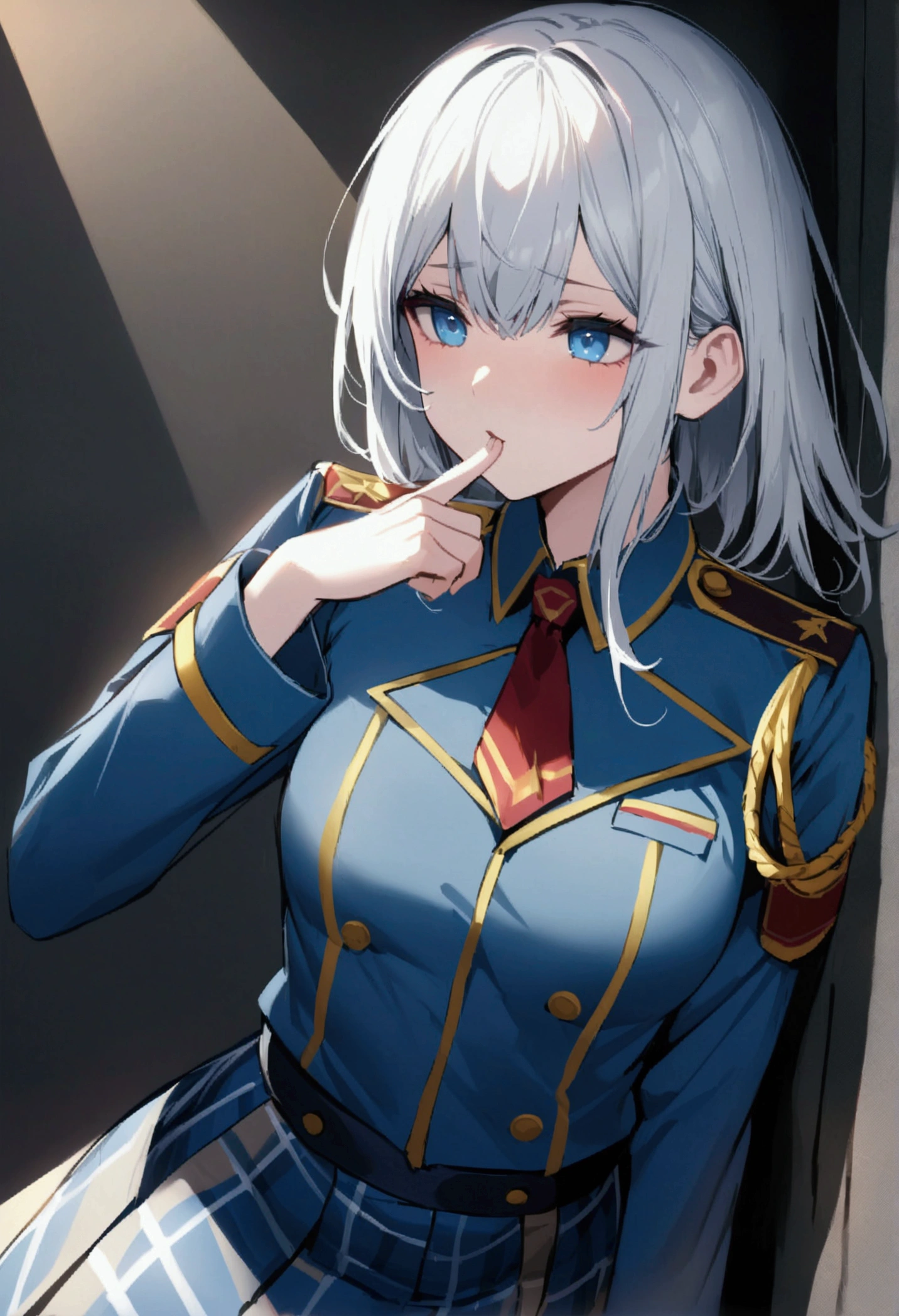 high resolution、High Precision、Never-before-seen artwork、In calm colorilitary-like uniform、Navy blue checked skirt、Silver hair with a thin ribbon、Blue Eyes、Tsundere、Put your finger to your mouth