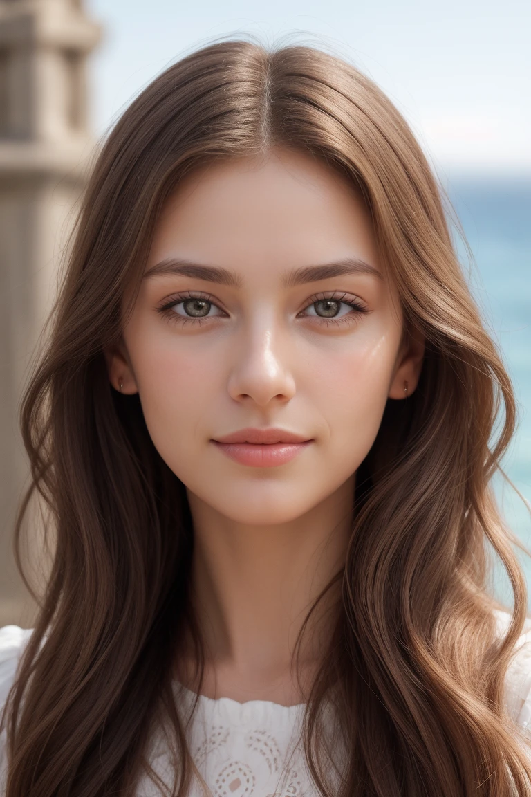 Create a close-up portrait of a stunning Northern European Caucasian girl with a blend of Mediterranean features. She should have a realistic beauty with expressive eyes, a slightly sun-kissed complexion, and a natural, gentle smile. Her hair should be a mix of light brown and dark blonde, with soft waves. Highlight the details of her face, focusing on her clear skin, delicate features, and a harmonious blend of characteristics from both Northern European and Mediterranean heritage. The background should be simple and blurred to keep the focus on her face